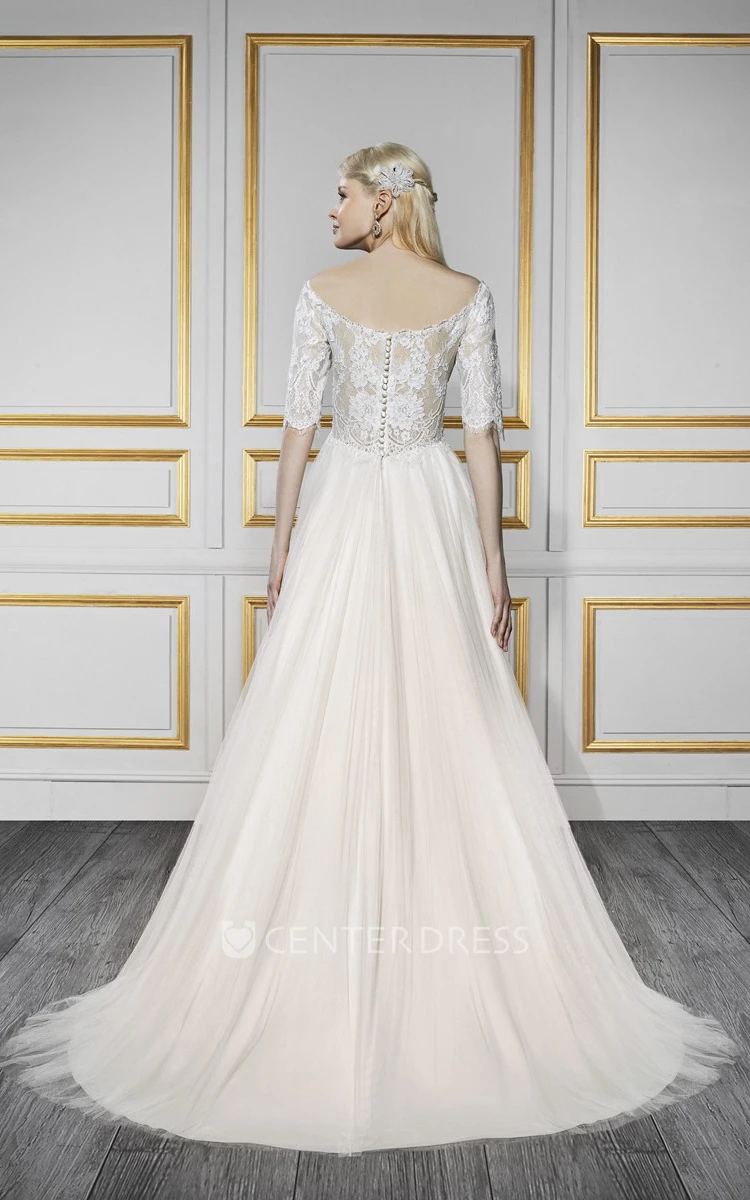 A-Line Off-The-Shoulder Half-Sleeve Tulle&Satin Wedding Dress