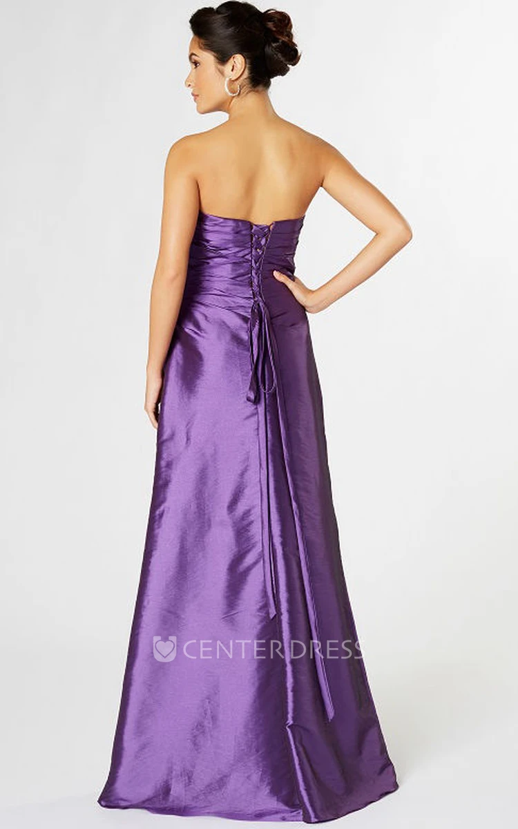 Strapless Beaded Satin Bridesmaid Dress With Ruching And Corset Back
