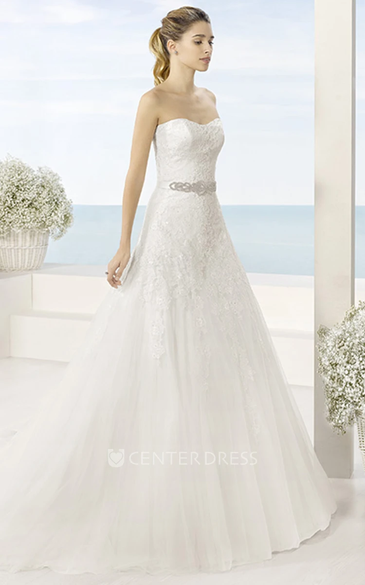 A-Line Long Strapless Jeweled Tulle Wedding Dress With Appliques And V Back
