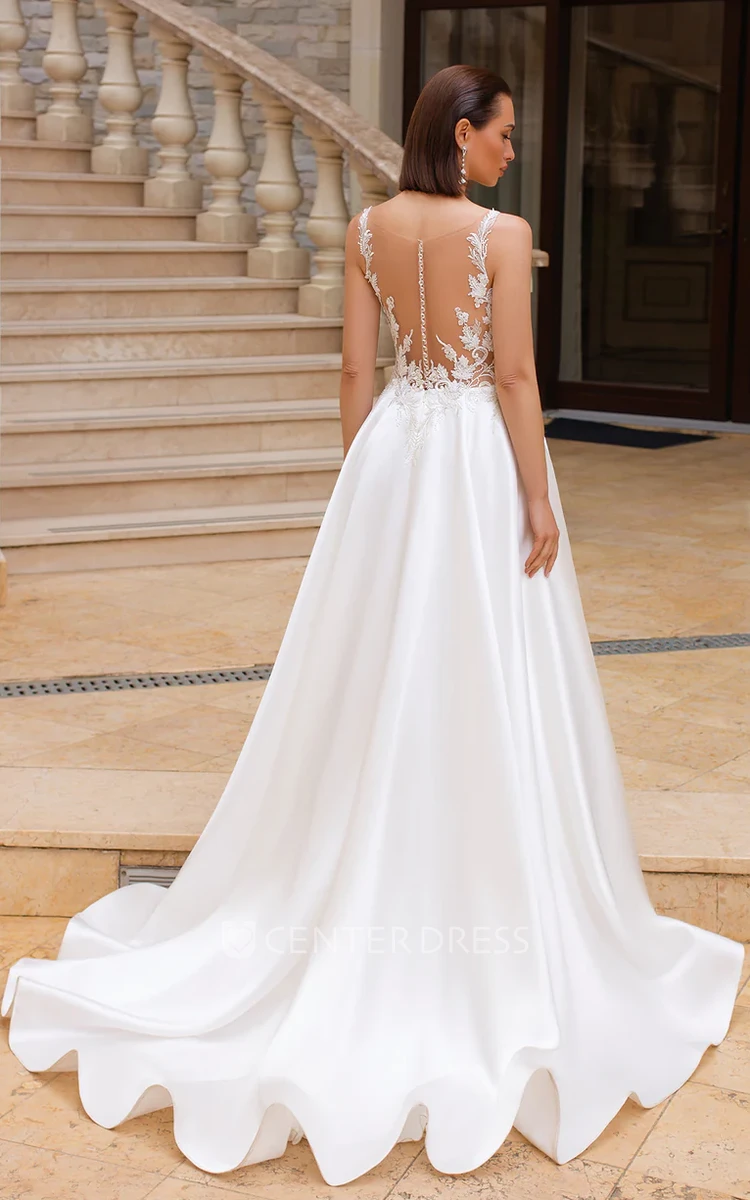 A-Line Sleeveless Split Front Sweep Train Wedding Dress with Lace Appliques