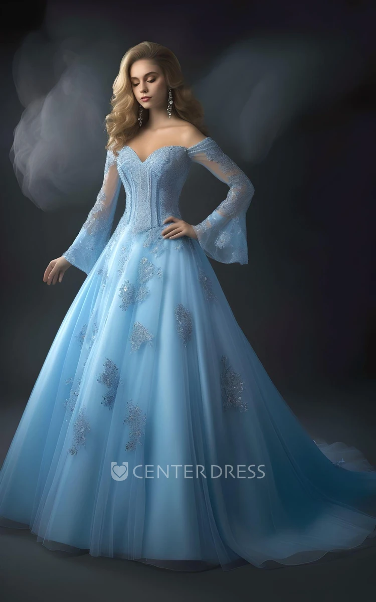 Blue Princess A-Line Ball Gown Tulle Long Sleeve Evening Dress Modern Sweetheart Sweep Train Prom Dress