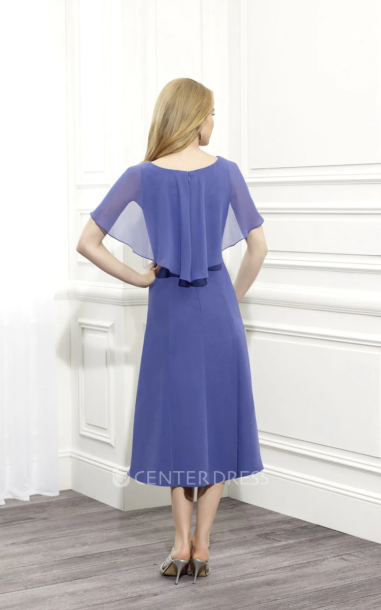 Tea-Length Scoop Neck Poet Sleeve Draped Chiffon Mother Of The Bride Dress With Broach