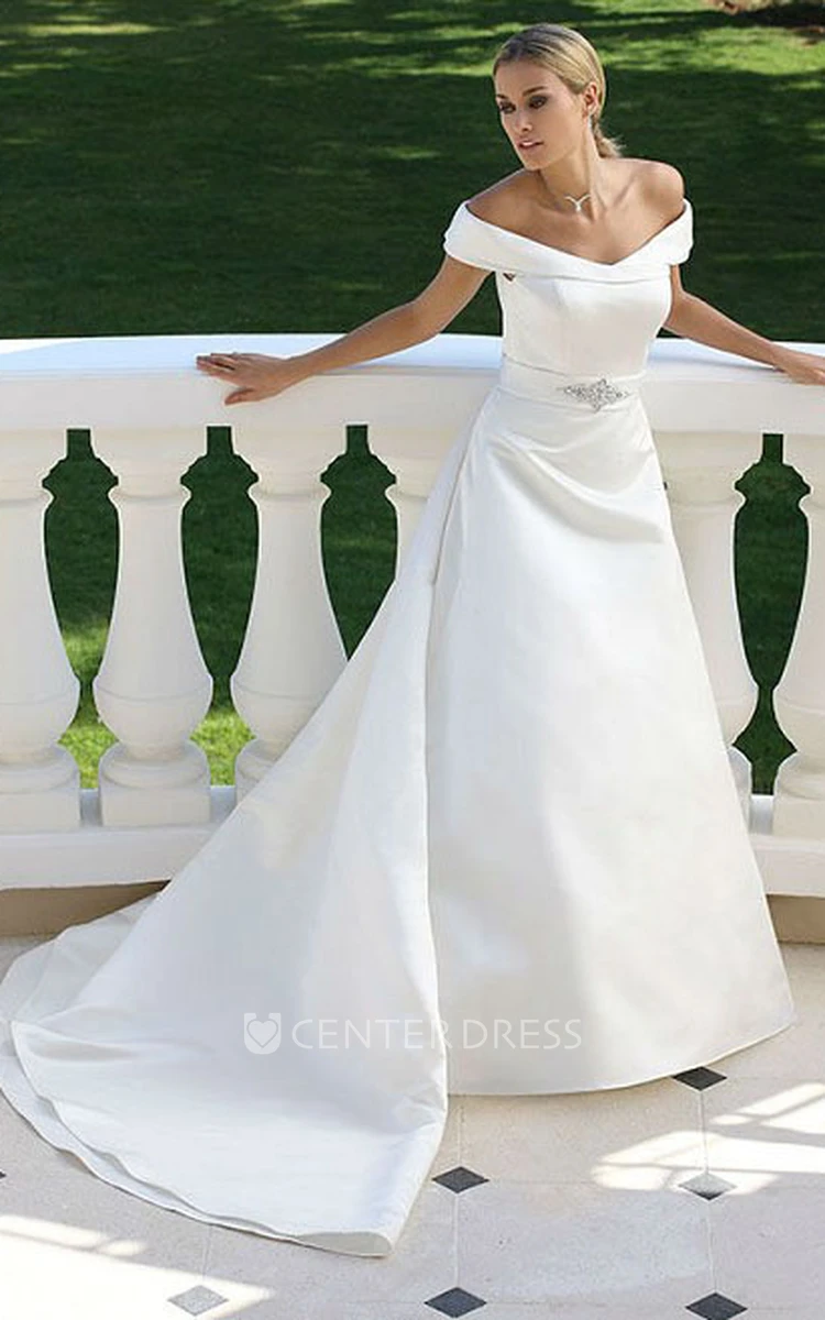 Off-The-Shoulder Satin Wedding Dress With Broach And Watteau Train