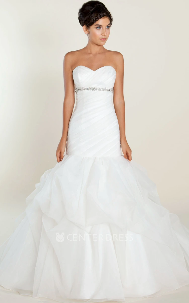 Mermaid Jeweled Sweetheart Tulle Wedding Dress With Criss Cross And Ruffles