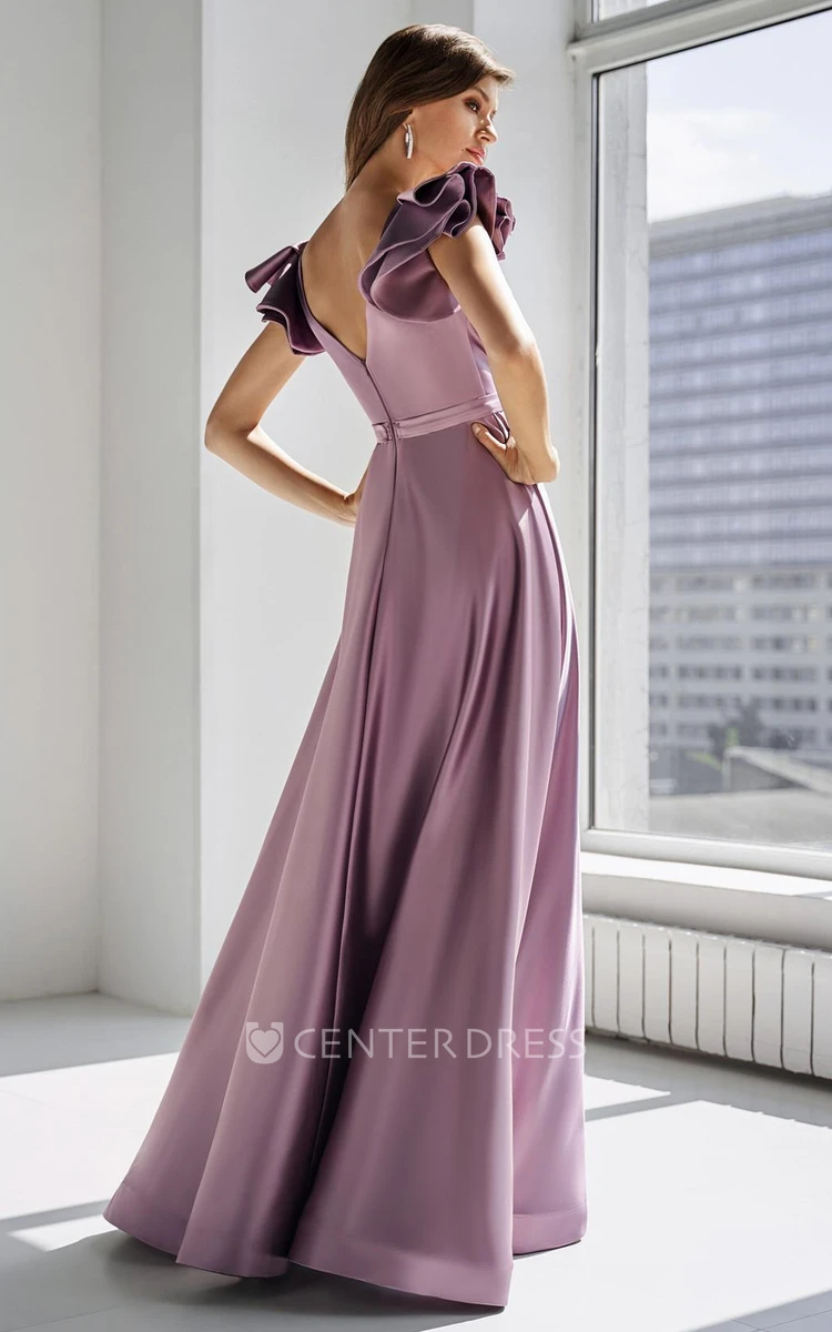 Modern A Line Satin V-neck Floor-length Prom Dress with Ruching and Split Front
