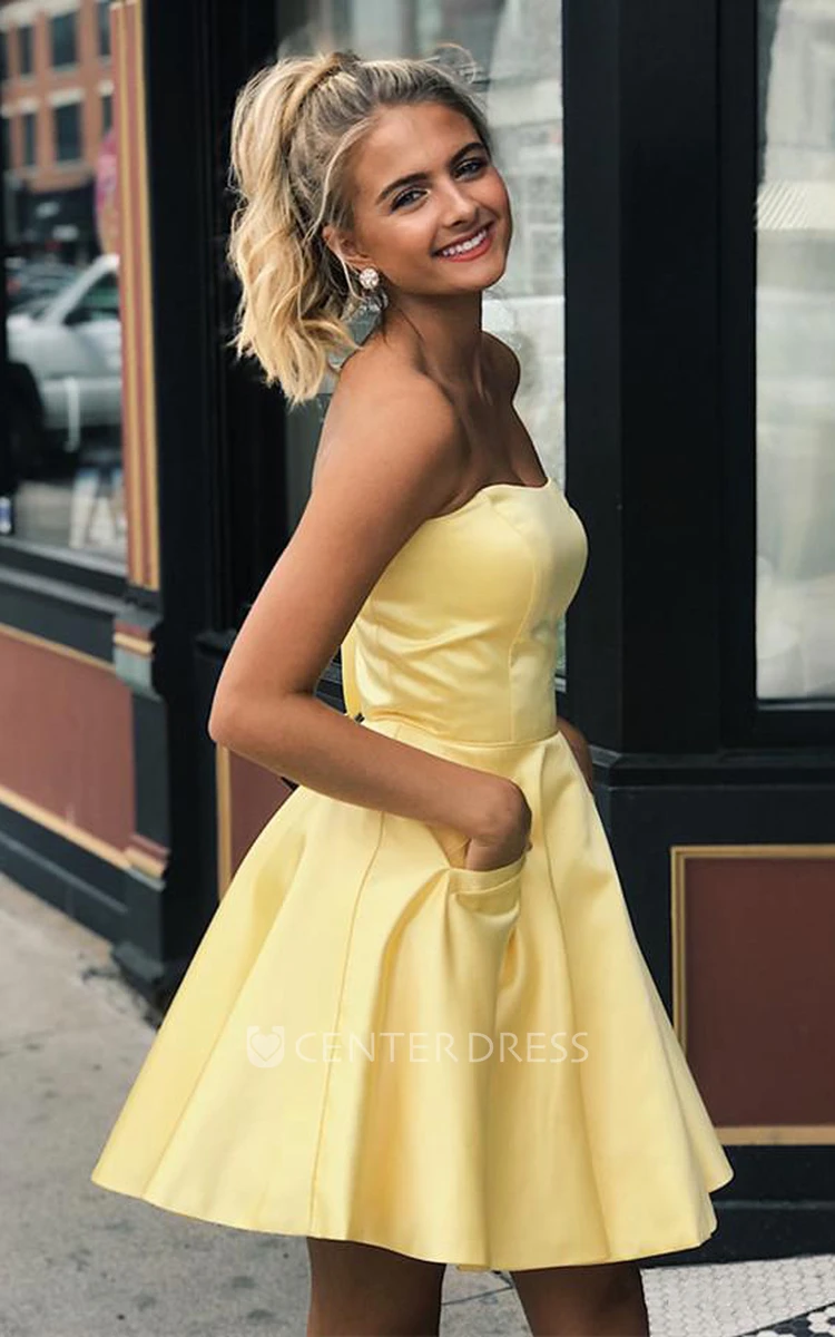 Adorable A Line Satin Strapless Sweetheart Sleeveless with Pockets Homecoming Dress