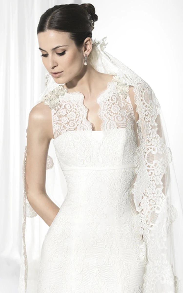 Trumpet Appliqued Sleeveless Jewel-Neck Floor-Length Lace Wedding Dress