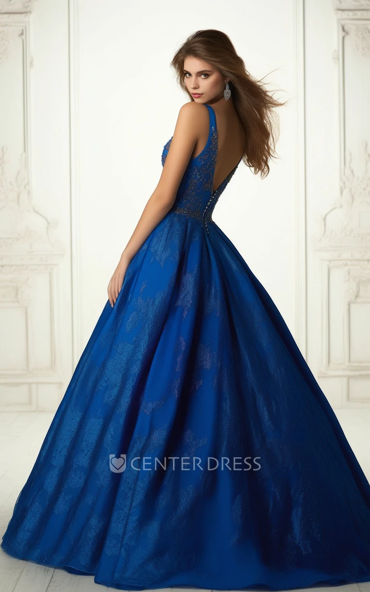 Sleeveless Satin Tulle Ball Gown Prom Dress Sexy V-neck Sweep Train
