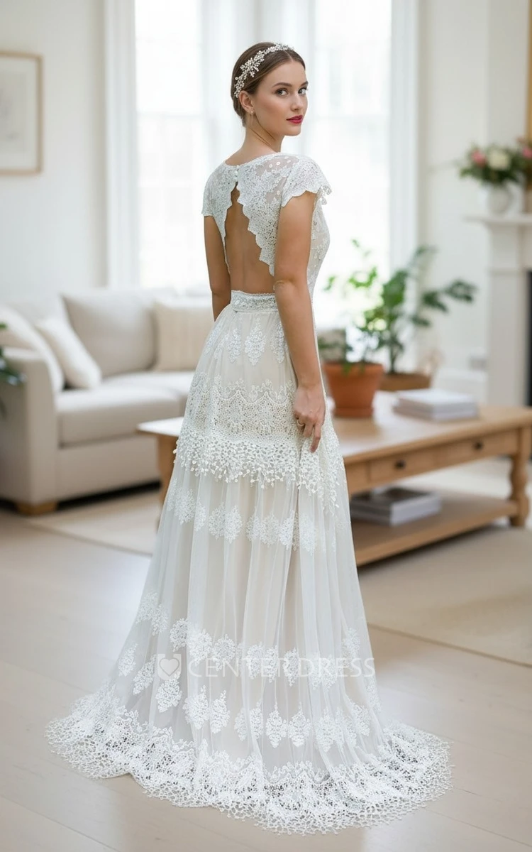 Vintage Lace Boho Beach Cap Sleeves Wedding Dress Romantic Country A-Line Deep V Neck Open Back Bridal Gown