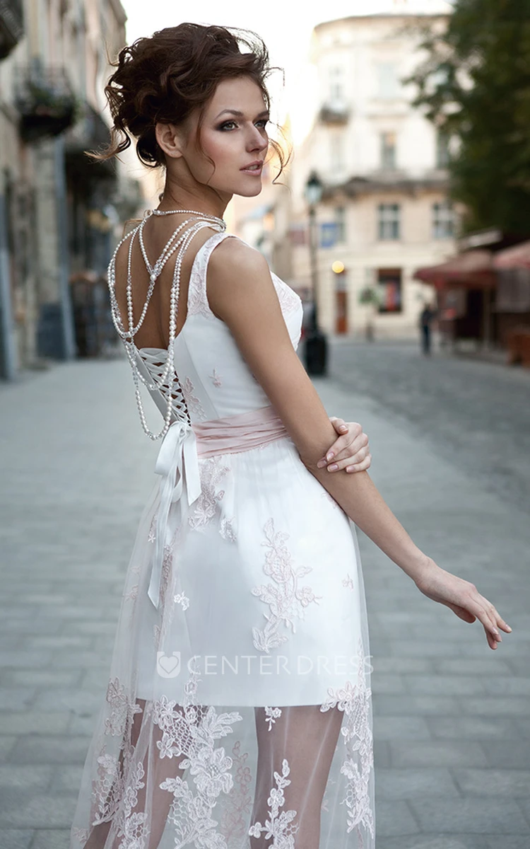 A-Line Sleeveless Square Floor-Length Appliqued Lace&Satin Prom Dress With Lace-Up Back