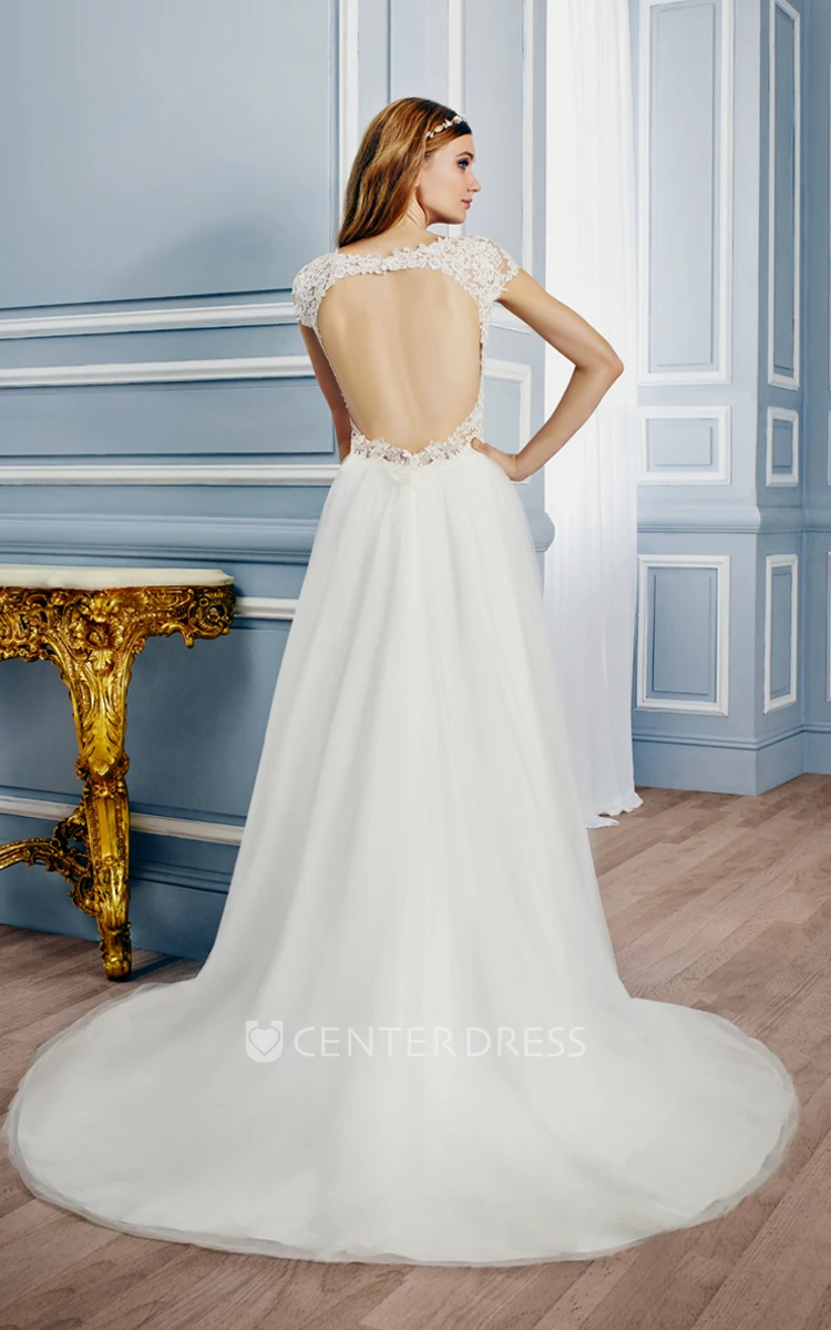 Floor-Length Cap-Sleeve Tulle Wedding Dress With Appliques And Keyhole