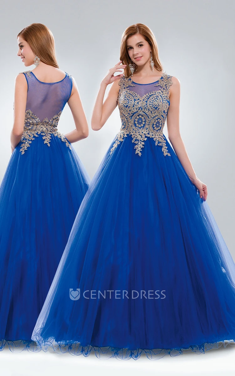 Ball Gown Long Scoop-Neck Sleeveless Tulle Illusion Dress With Appliques And Ruffles