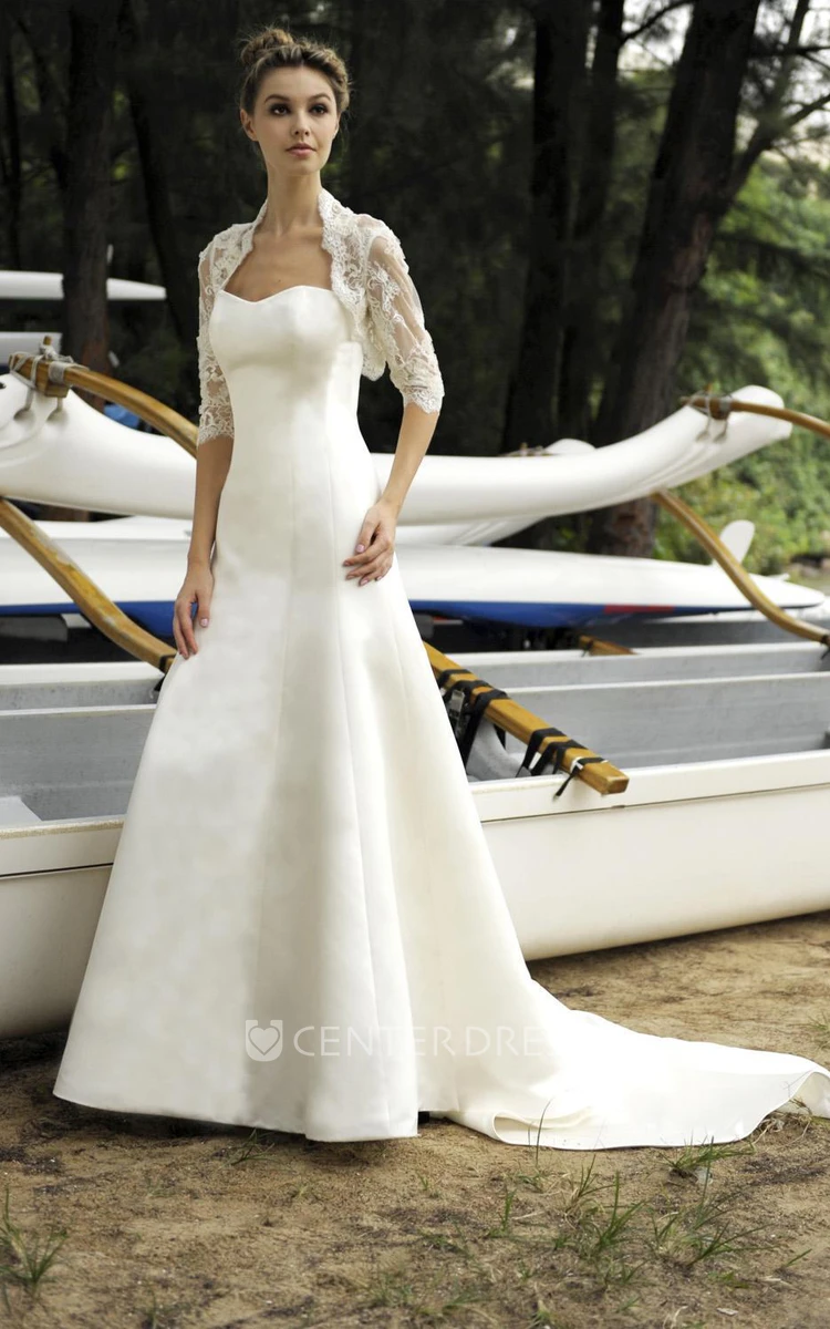 Long Long-Sleeve Strapless Jeweled Satin Wedding Dress With Cape And Court Train