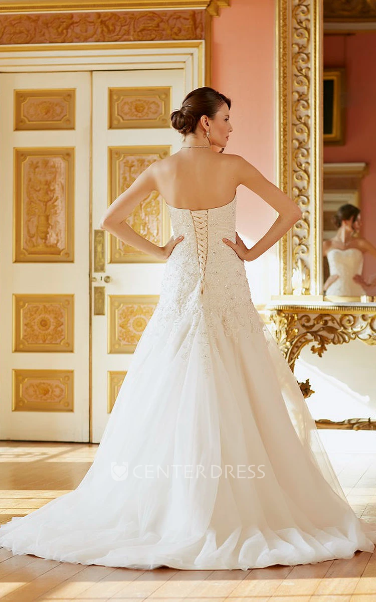 Long Strapless Beaded Sleeveless Tulle Wedding Dress