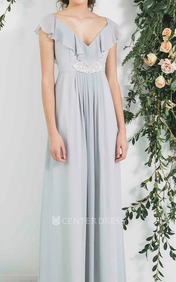 Pleated V-Neck Empire Poet Sleeve Chiffon Bridesmaid Dress With Waist Jewellery