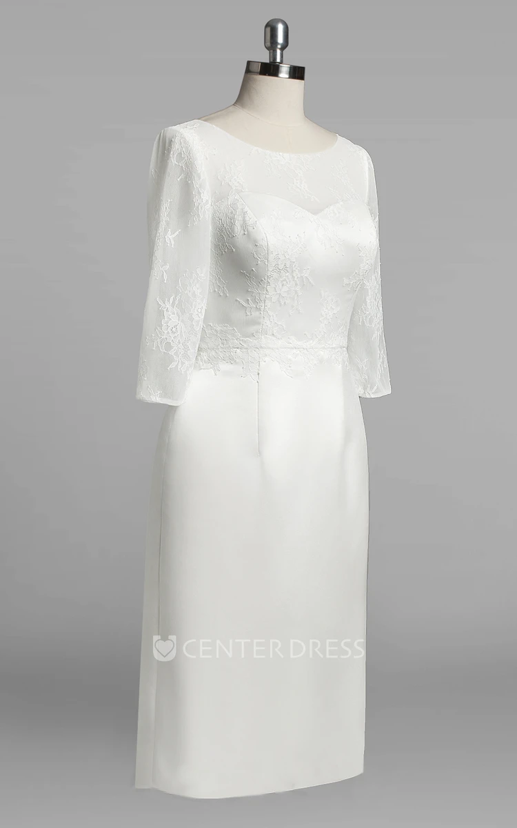 Scoop Neck 3 4 Sleeve Sheath Satin Wedding Dress With Lace Bodice