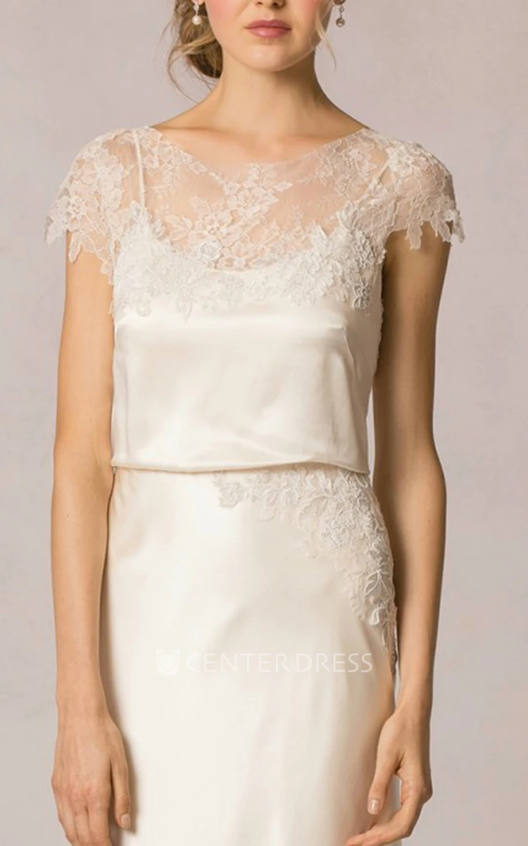 Sheath Scoop-Neck Short-Sleeve Long Appliqued Lace&Satin Wedding Dress