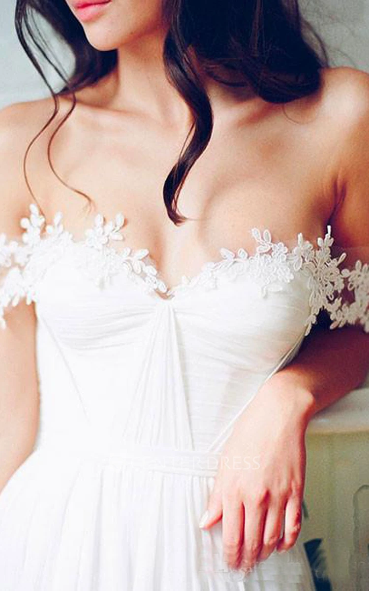A Line Off-the-shoulder Chiffon Lace Zipper Wedding Gown
