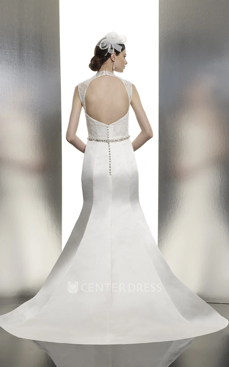 Trumpet Long Sleeveless Appliqued Satin Wedding Dress With Waist Jewellery And Keyhole Back