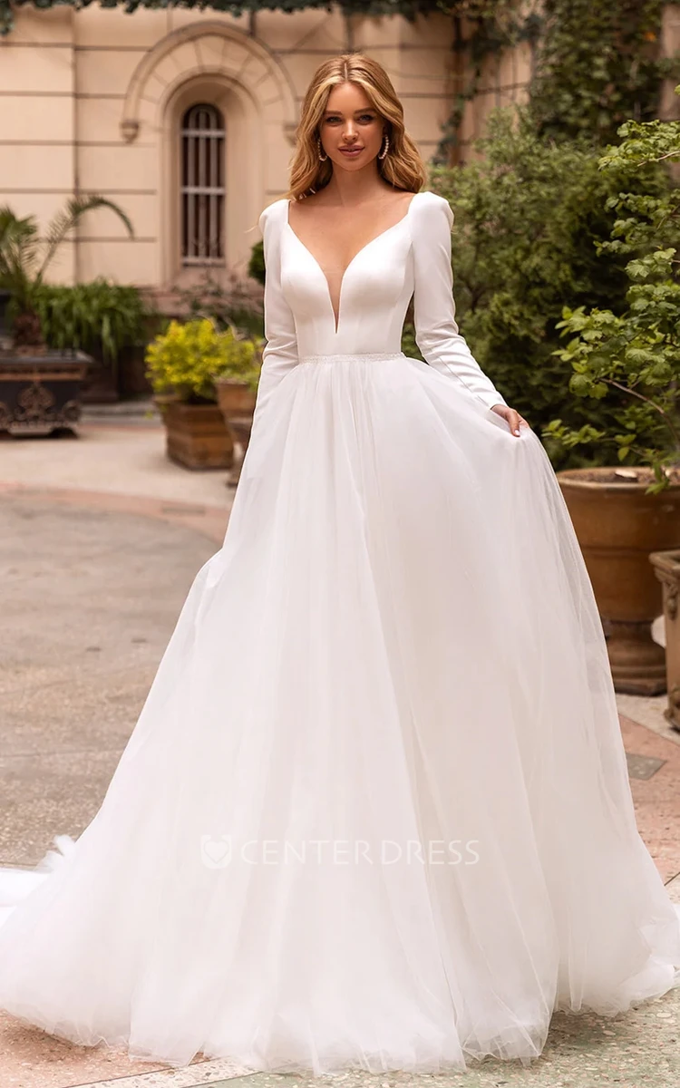 Simple V-neck Ball Gown Satin Chapel Train Wedding Dress with Ruching