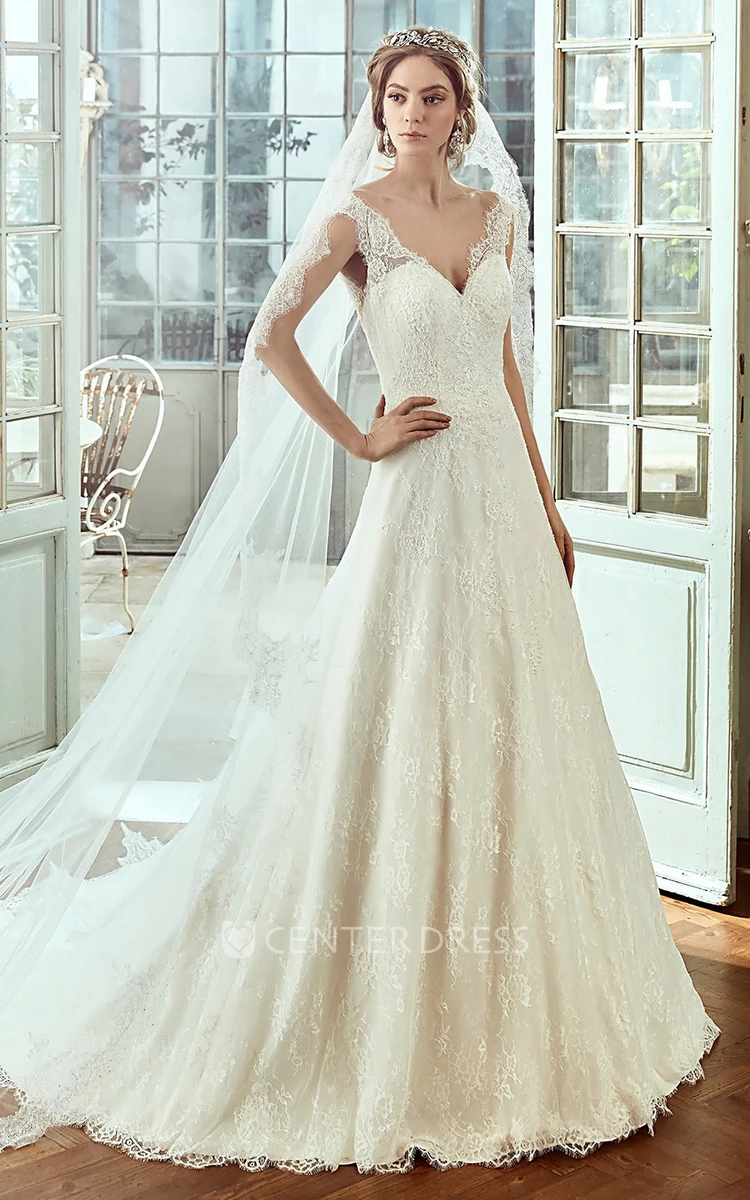 Sweetheart Cap-Sleeve Lace Wedding Dress With Brush Train And Low-V Back