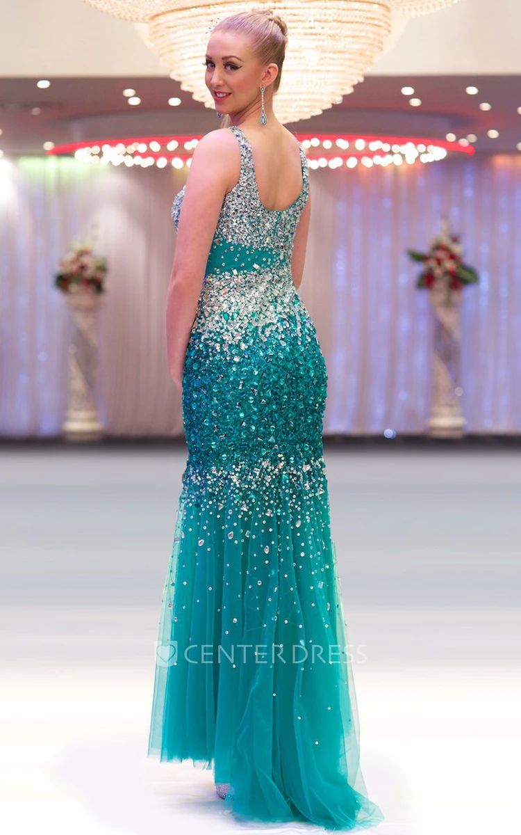 Sheath Ankle-Length Sleeveless Crystal Scoop-Neck Sequins&Tulle Prom Dress