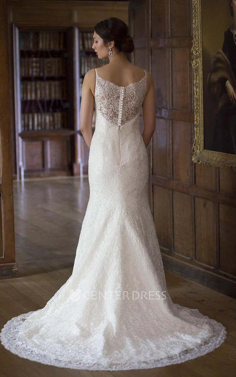 Appliqued Sleeveless Floor-Length Spaghetti Lace Wedding Dress