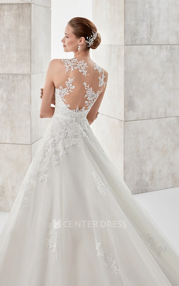 Jewel-neck A-line Illusive Wedding Dress with Lace Appliques and Satin Sash