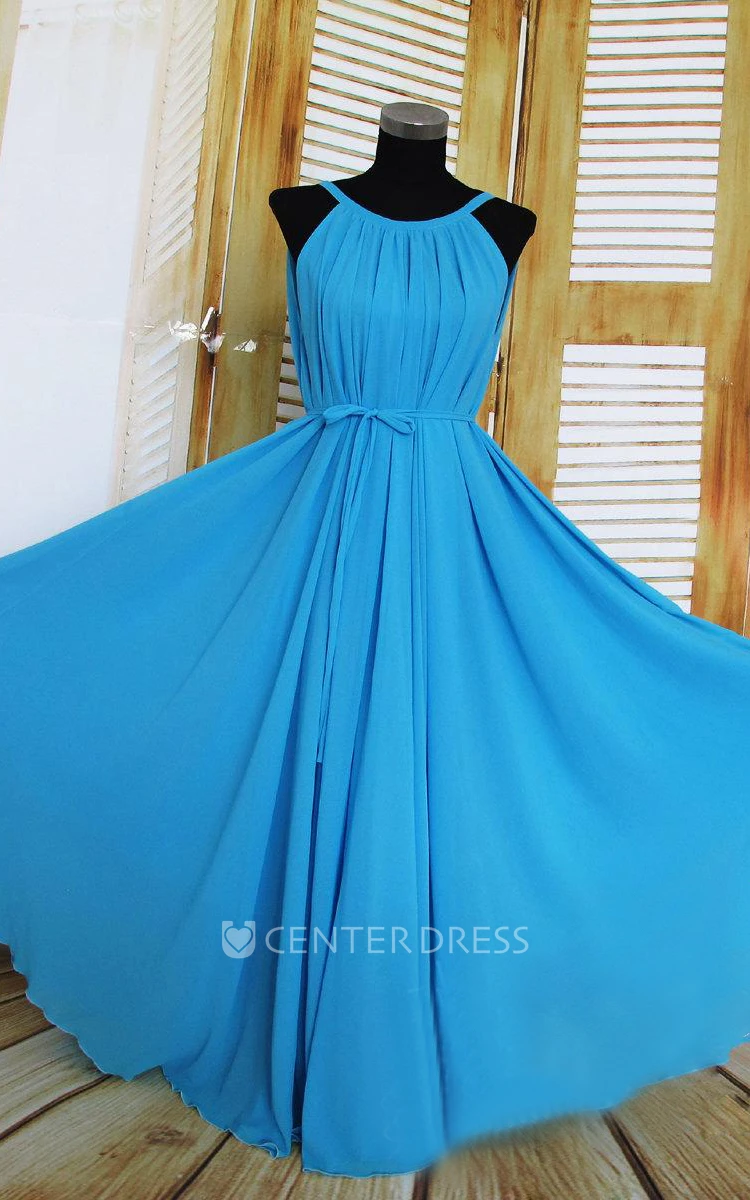 Sleeveless Floor-length Chiffon Dress With Pleats