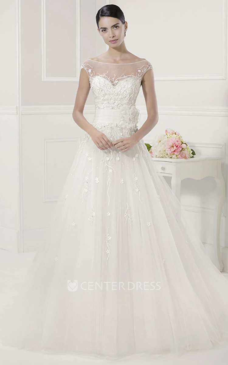 Empire Off Shoulder Cap Sleeve Tulle Bridal Gown With Flowers And Sash