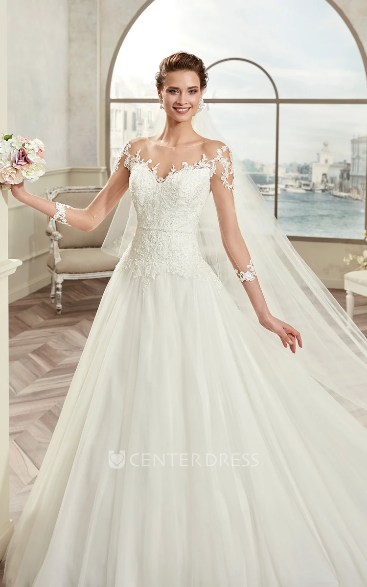 Sweetheart A-Line Bridal Gown With Illusive Design And Lace Appliques