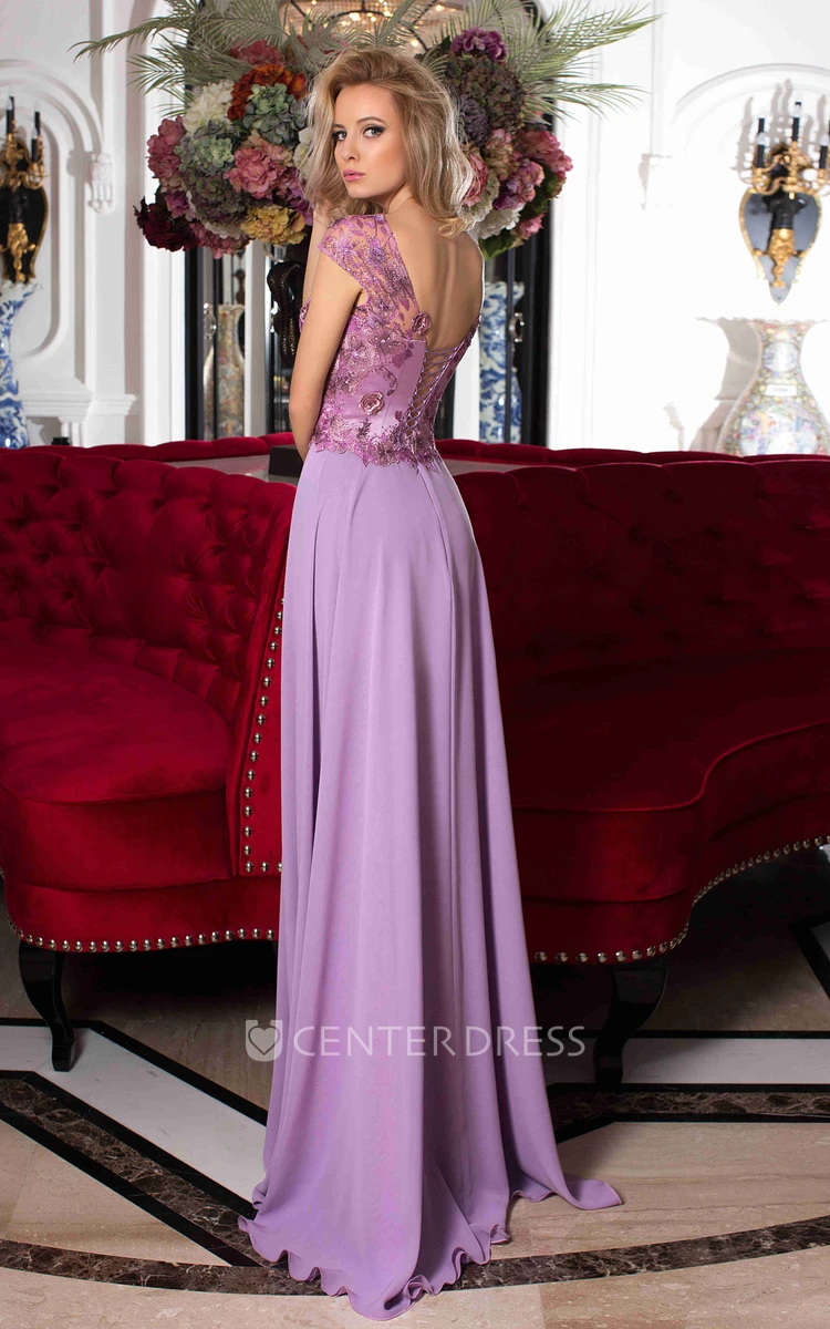 Sheath Floor-Length Scoop Sleeveless Chiffon Embroidery Pleats Lace-Up Corset Back Dress