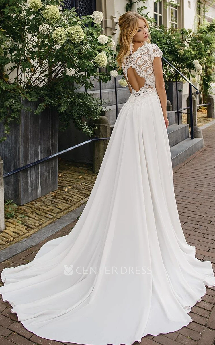 Bohemian A Line Satin and Lace Bateau Court Train Wedding Dress with Ruching