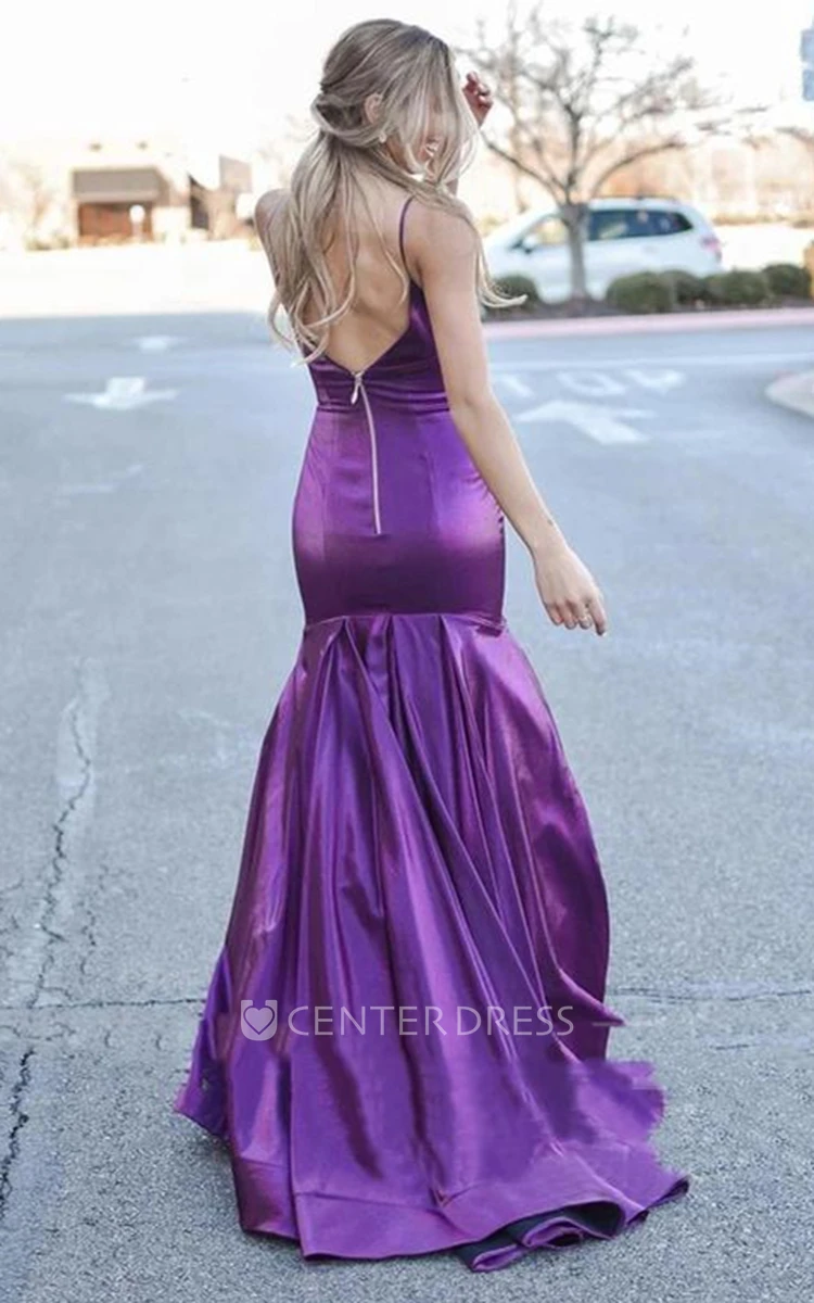 Simple Trumpet Satin Sweep Train Prom Dress with Ruching