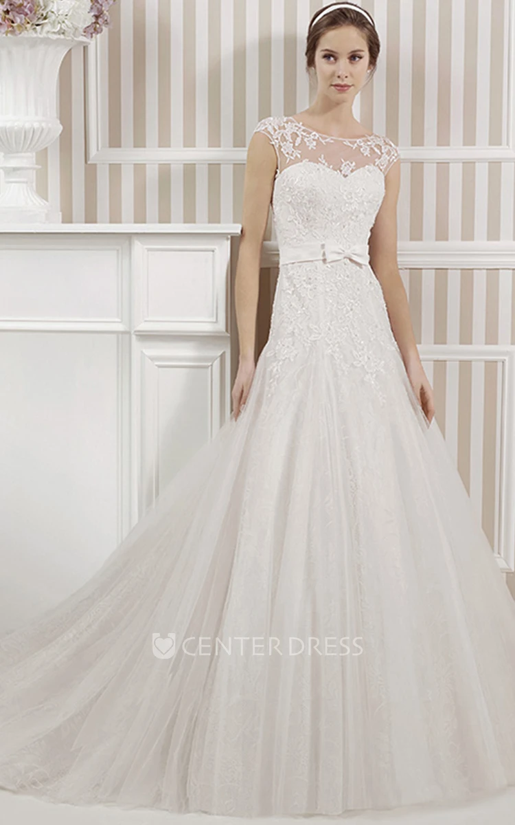 A-Line Long Scoop Appliqued Sleeveless Tulle&Lace Wedding Dress With Bow And Illusion Back