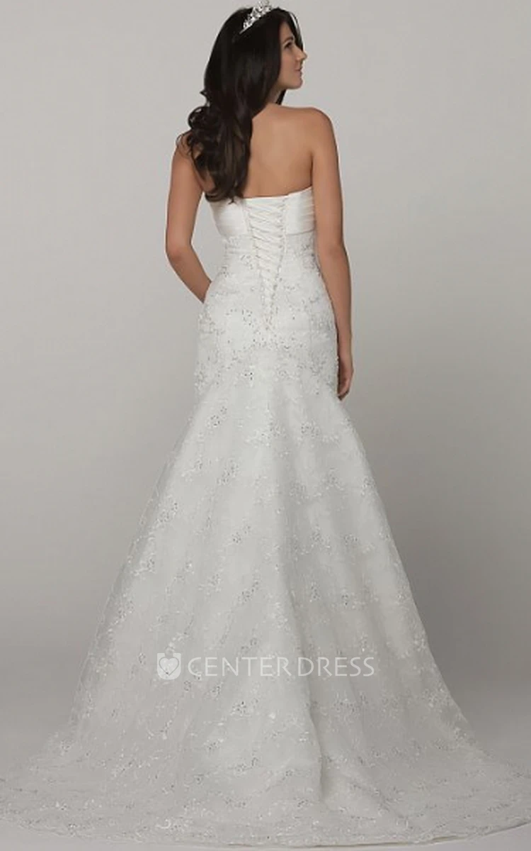 A-Line Strapless Beaded Lace Wedding Dress With Lace And Lace Up