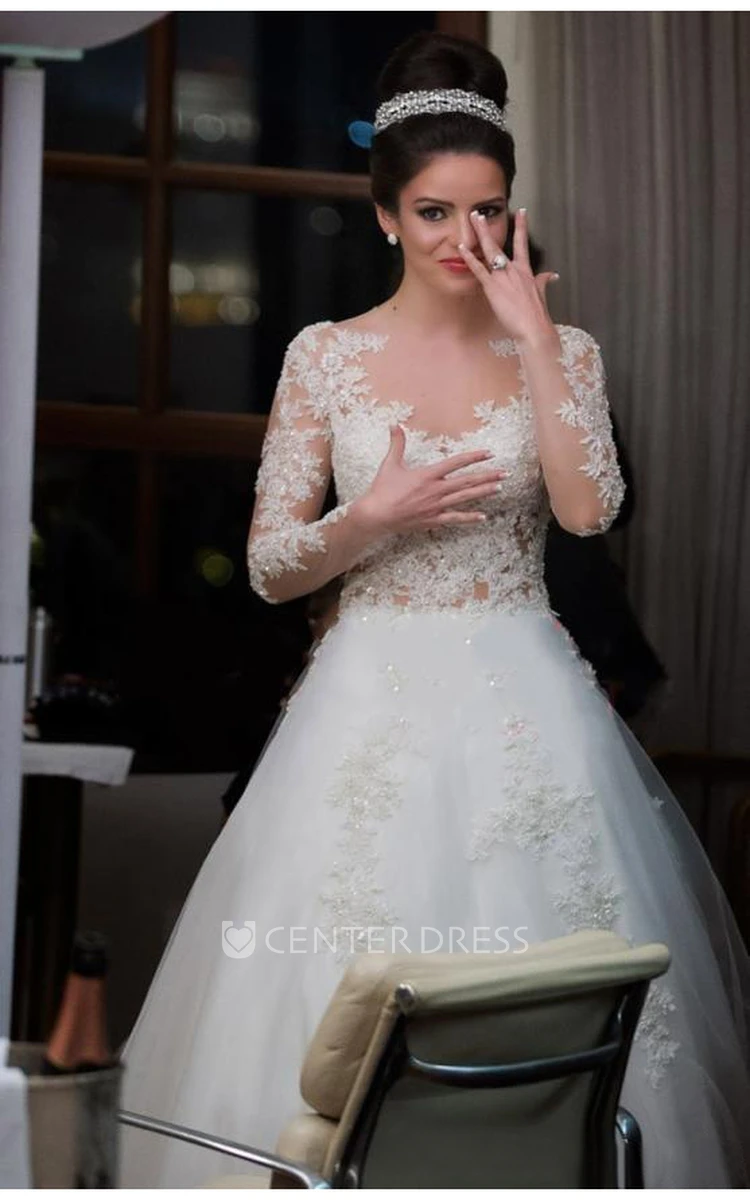 Beautiful Bateau Neckline A-line Tulle Dress With Lace Long Sleeve