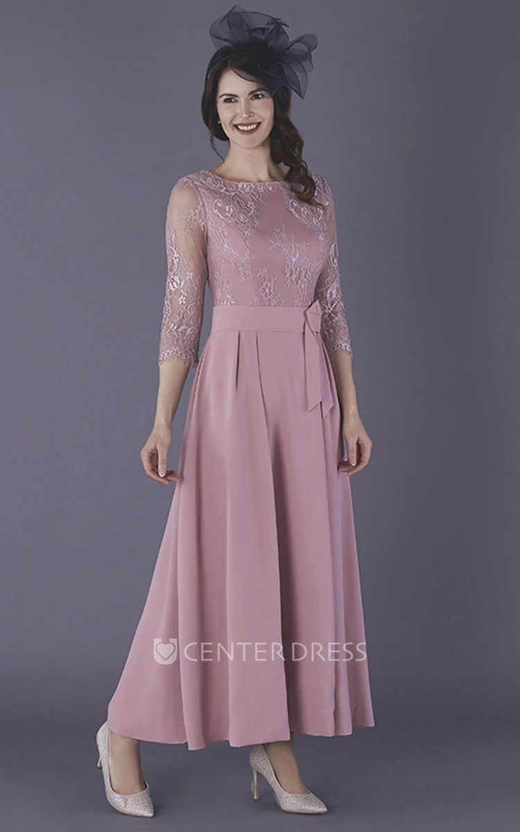 Chiffon Ankle Length 3/4 Illusion Sleeve Mother Of The Bride Dress
