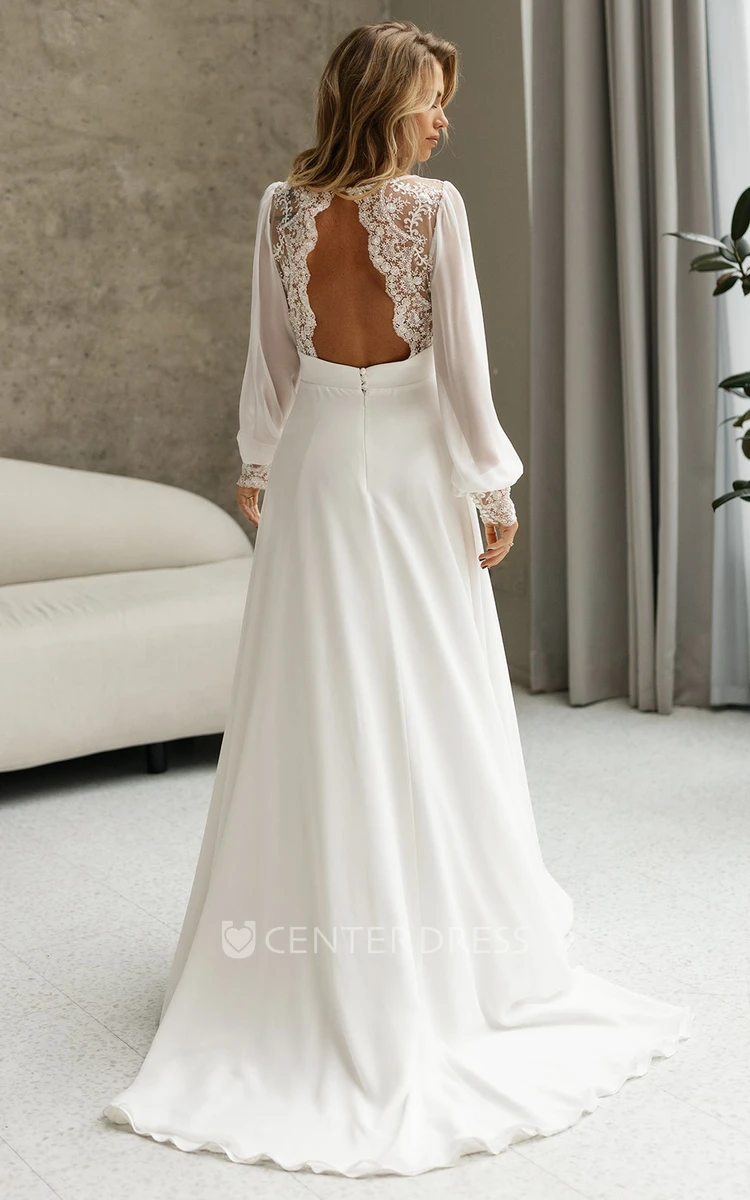 Chiffon Bohemian A-Line V-neck Wedding Dress With Zipper Back And Appliques