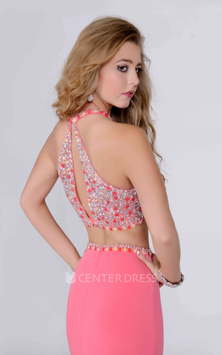 A-Line Jersey Crop Top Sleeveless Prom Dress With Keyhole Back And Crystal Bodice