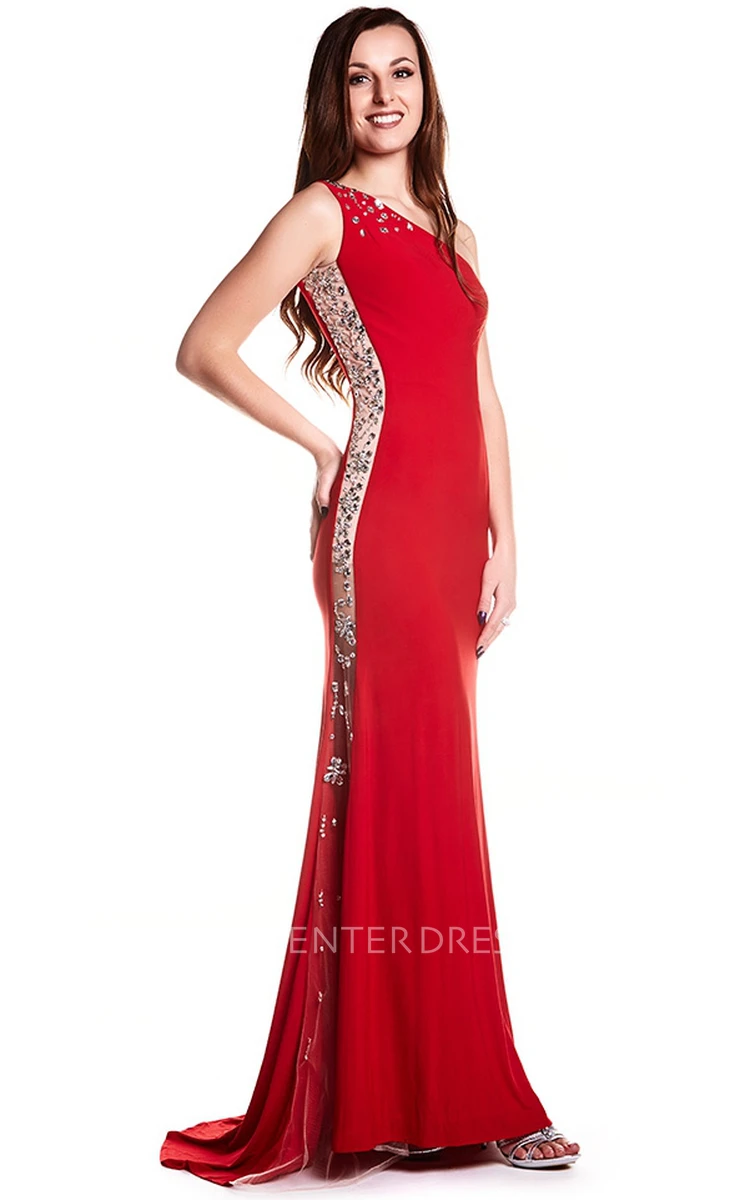 Sheath Sleeveless Floor-Length One-Shoulder Beaded Jersey Prom Dress With Low-V Back And Sweep Train