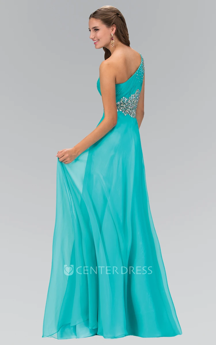 A-Line One-Shoulder Sleeveless Chiffon Dress With Beading And Ruching