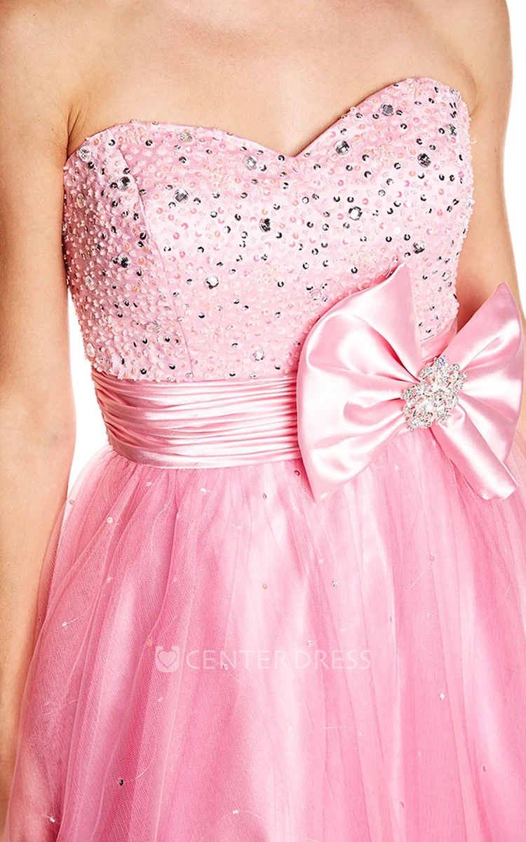 A-Line Sleeveless Sequined Sweetheart Floor-Length Tulle&Satin Prom Dress With Bow