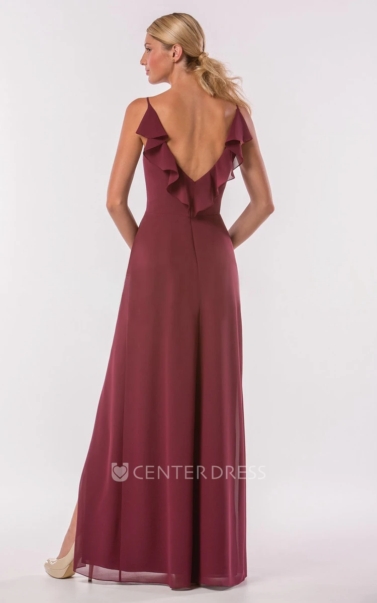 Sleeveless V-Neck Gown With Spaghetti Straps And Ruffles