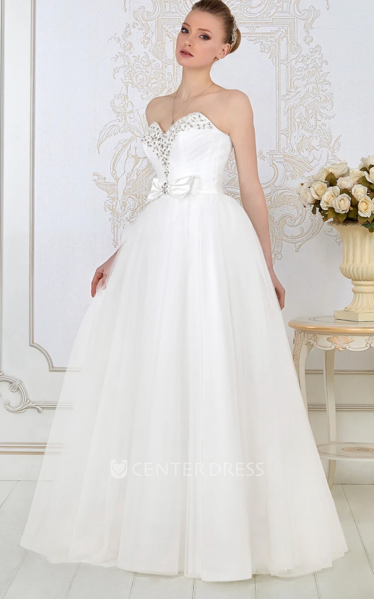 A-Line Sweetheart Sleeveless Maxi Beaded Tulle Wedding Dress With Bow And Ruching