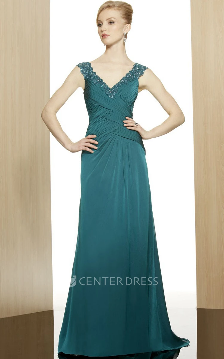 A-Line V-Neck Sequined Sleeveless Long Chiffon Formal Dress With Low-V Back And Ruching