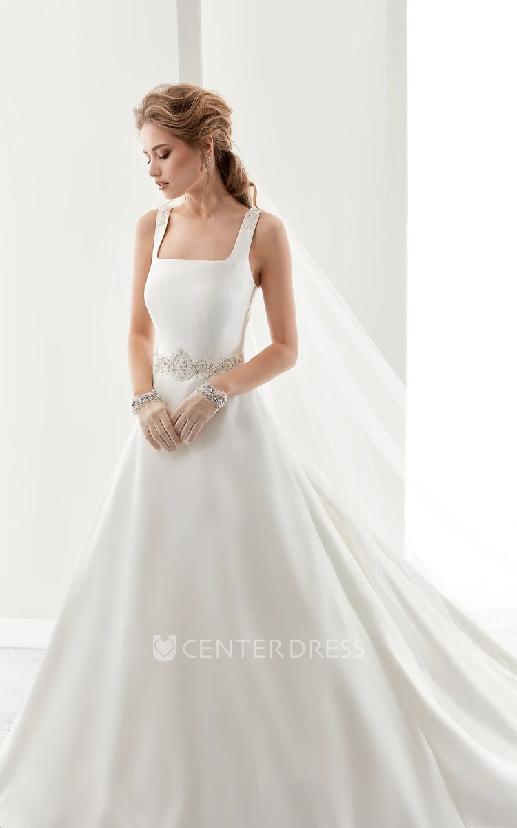 Square-Neck Satin A-Line Bridal Gown With Beaded Belt And Crisscross Straps Back