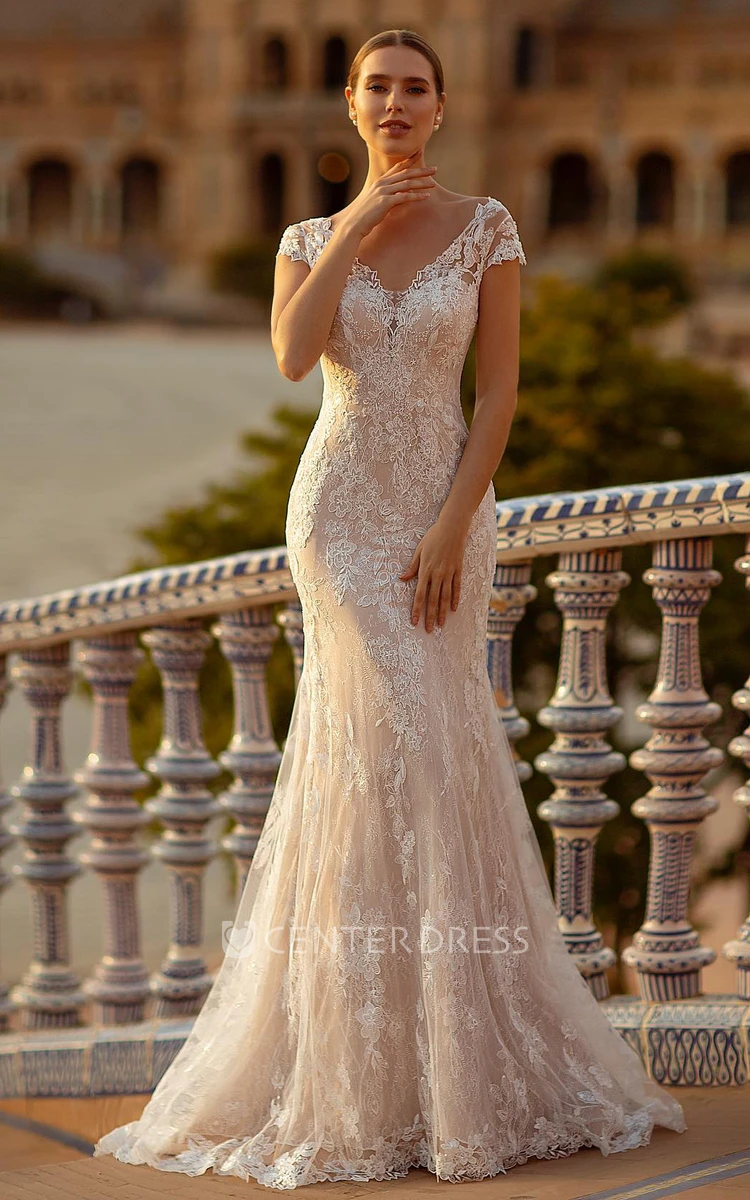 Trumpet Lace V-neck Short Sleeve Floor-length Wedding Dress With Button Back