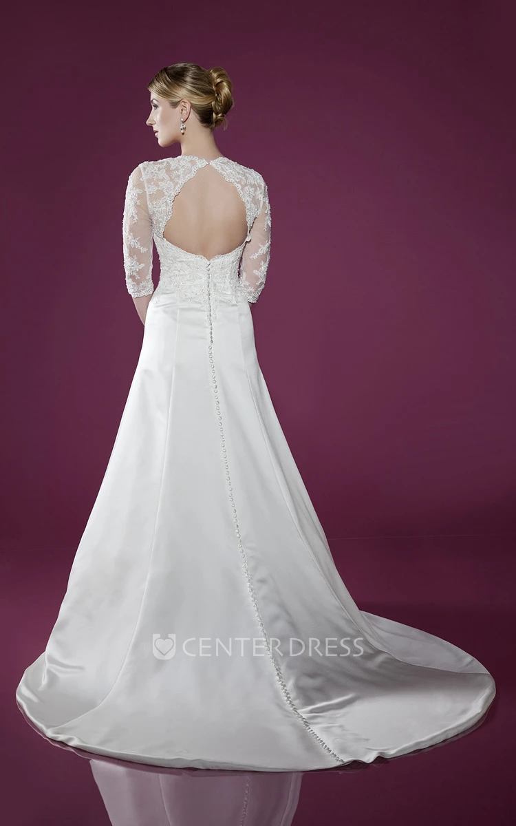 Long Sweetheart Pleated Appliqued Satin&Lace Wedding Dress