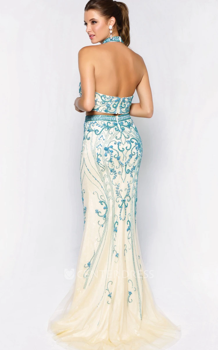 Sheath High Neck Sleeveless Lace Backless Dress With Beading And Pleats
